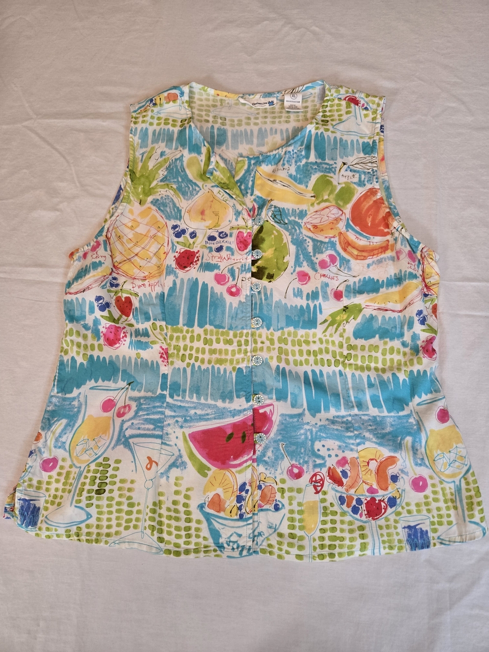 Vintage 90s Sleeveless Button-Front Top with Citrus Print